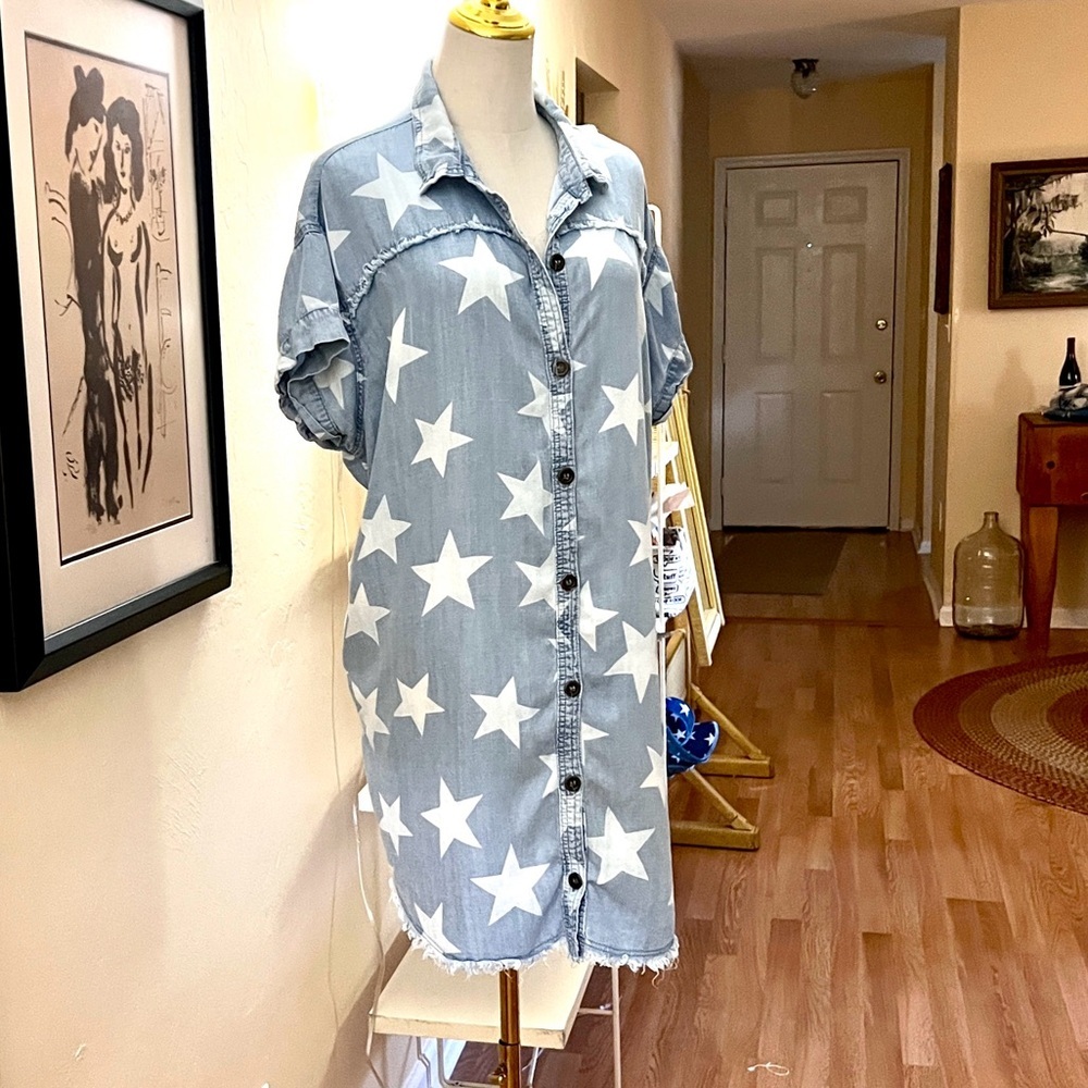 Star-Print Chambray Shirt Dress - Blue - Picture 6 of 16